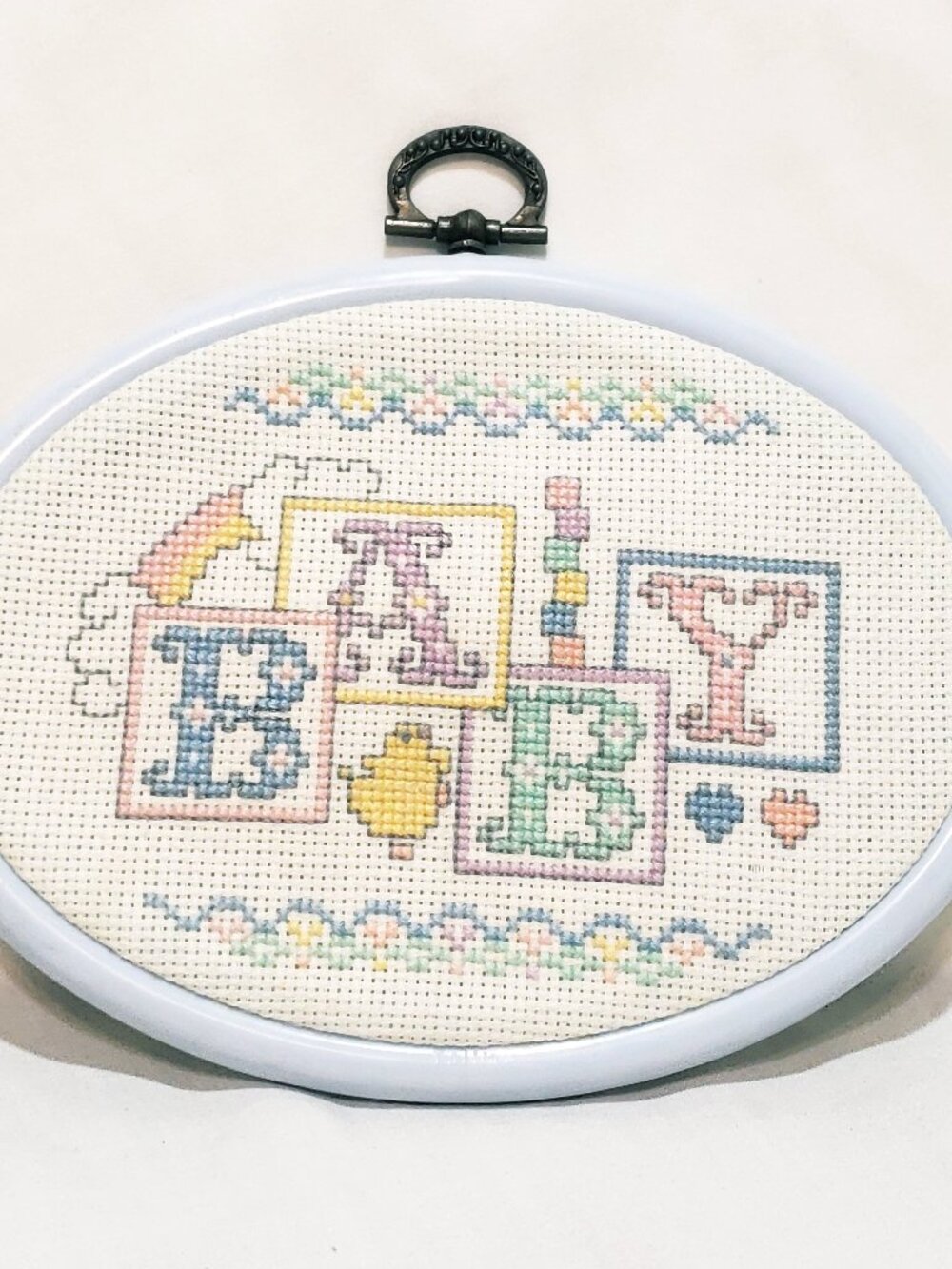 Baby Blocks Ornament Wall Framed Finished Cross Stitch Nursery 6" Handmade